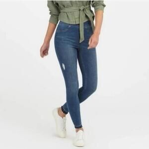 SPANX ‘Jean-ish’ Dark Blue Distressed Skinny Jean Leggings, size medium